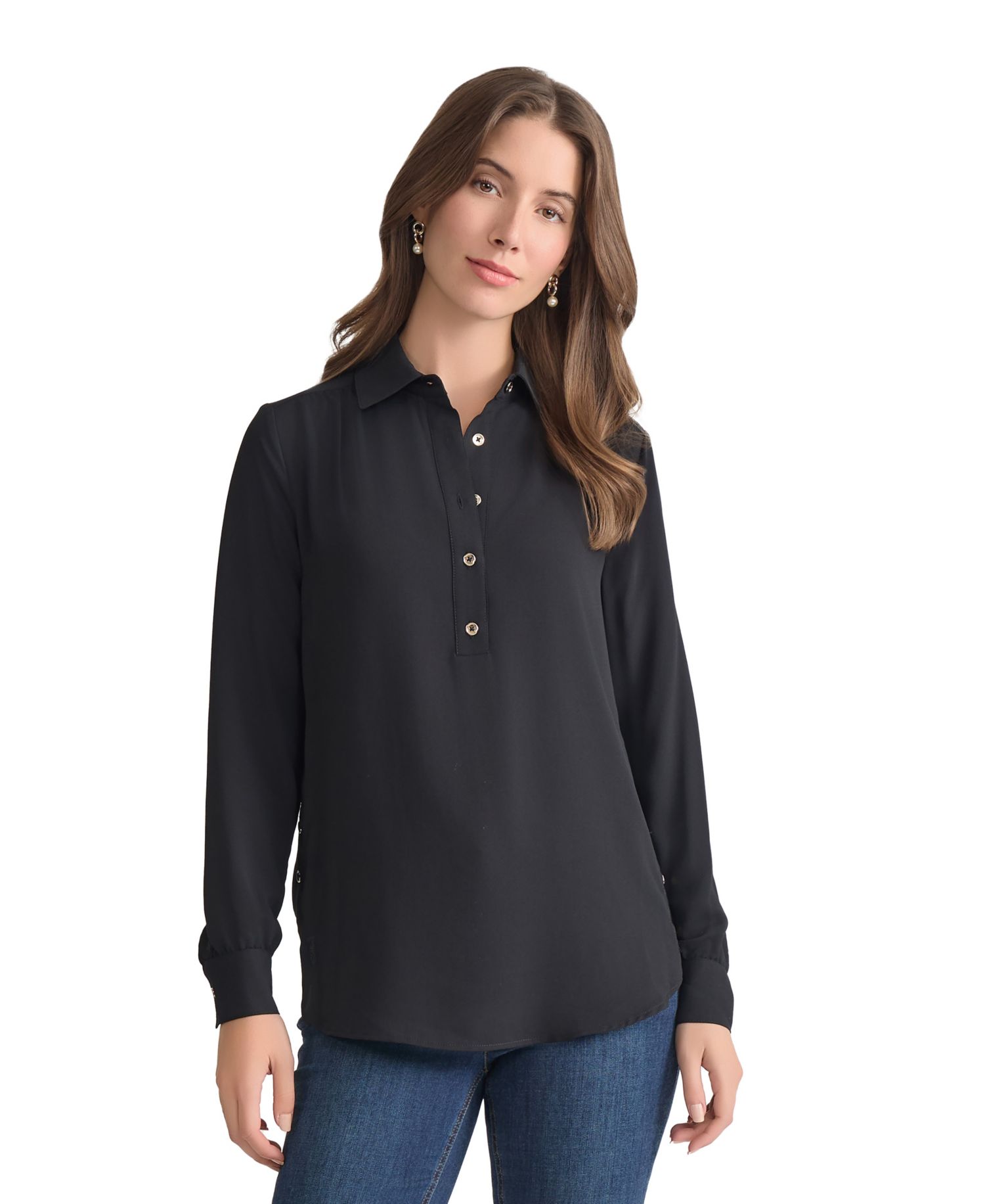 Long Sleeve Shirttail Side Button Popover Tunic