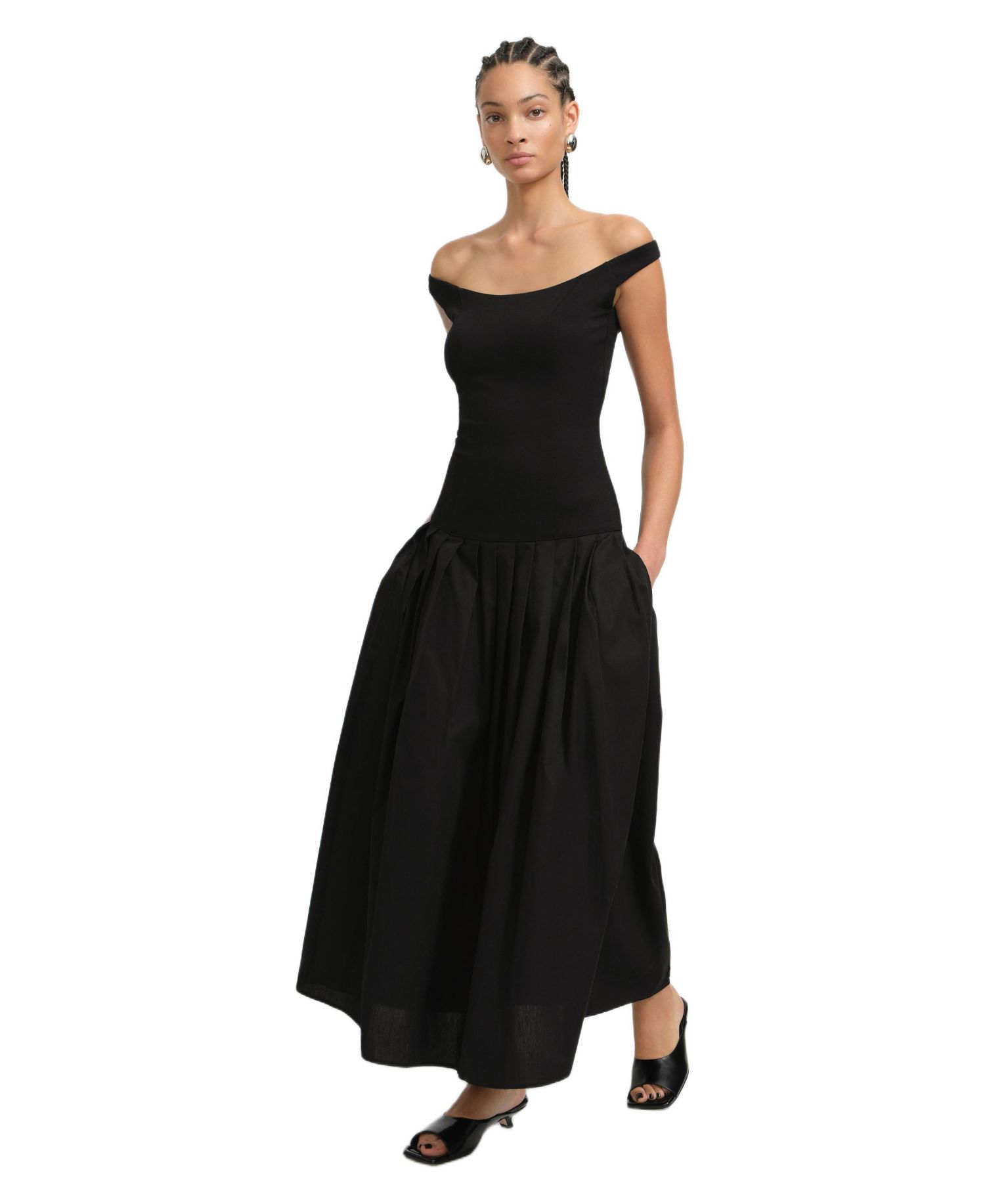 Women's Selene Off-Shoulder Dropped-Waist Pleated Cotton Maxi Dress