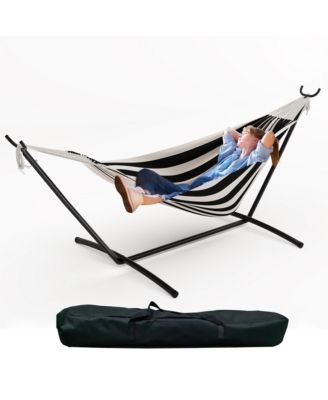 Double Hammock with Foldable Steel Stand and Carry Bag, Weight Capacity Indoor Outdoor Standing Hammock, Portable Cotton Hammock