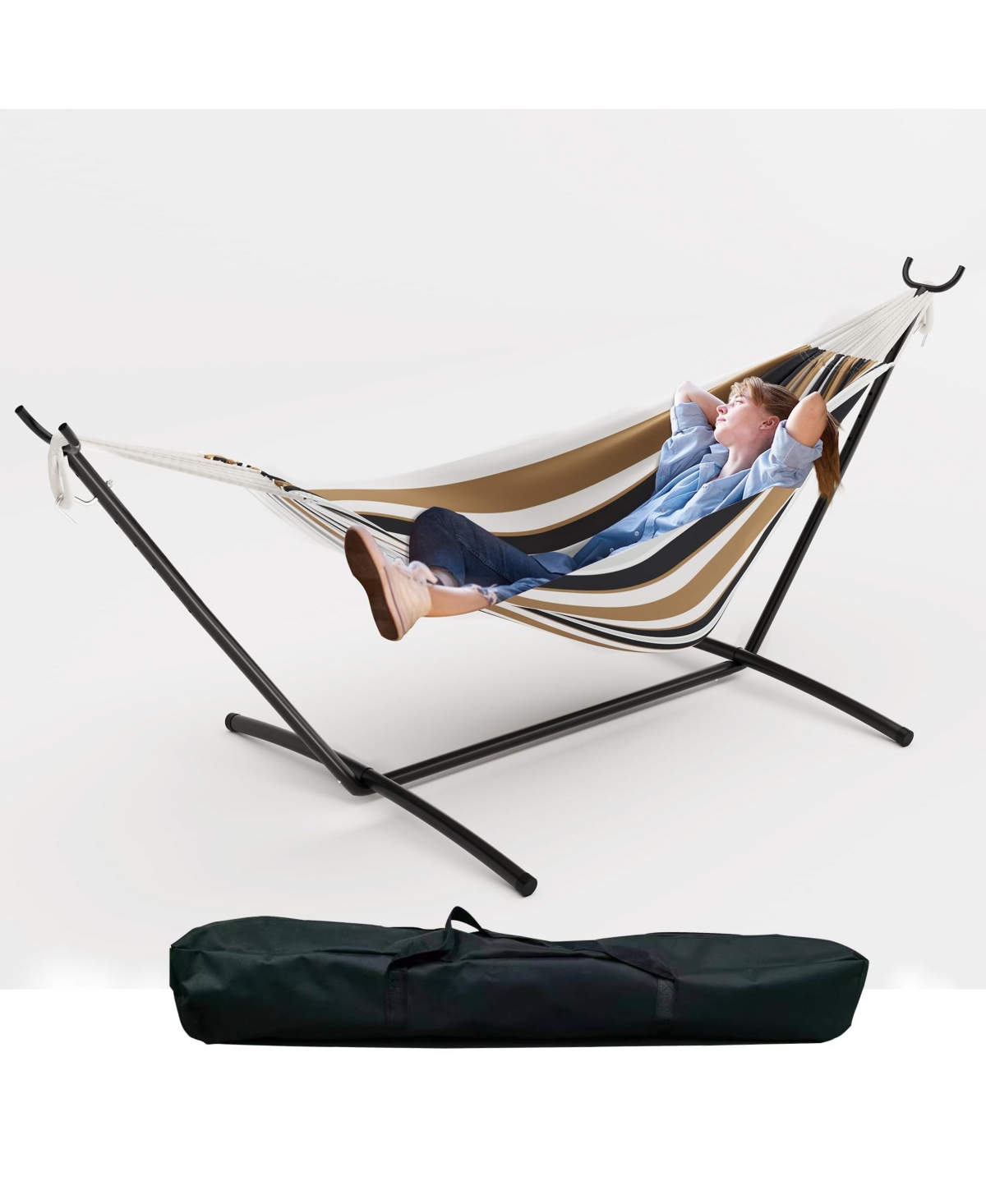 gaomon Double Hammock with Foldable Steel Stand and Carry Bag, Weight Capacity Indoor Outdoor Standing Hammock, Portable Cotton Hammock - Brown