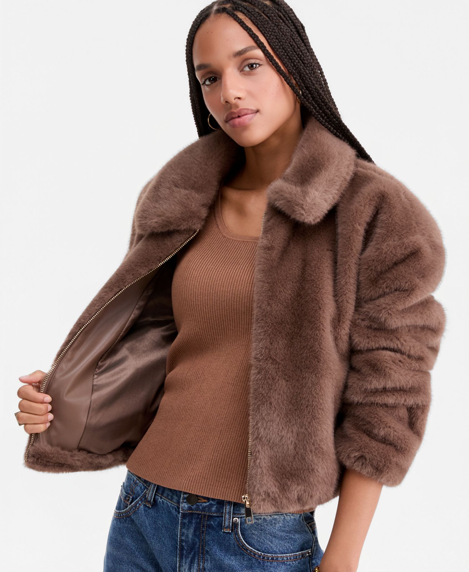 Women's Collared Faux-Fur Bomber Coat