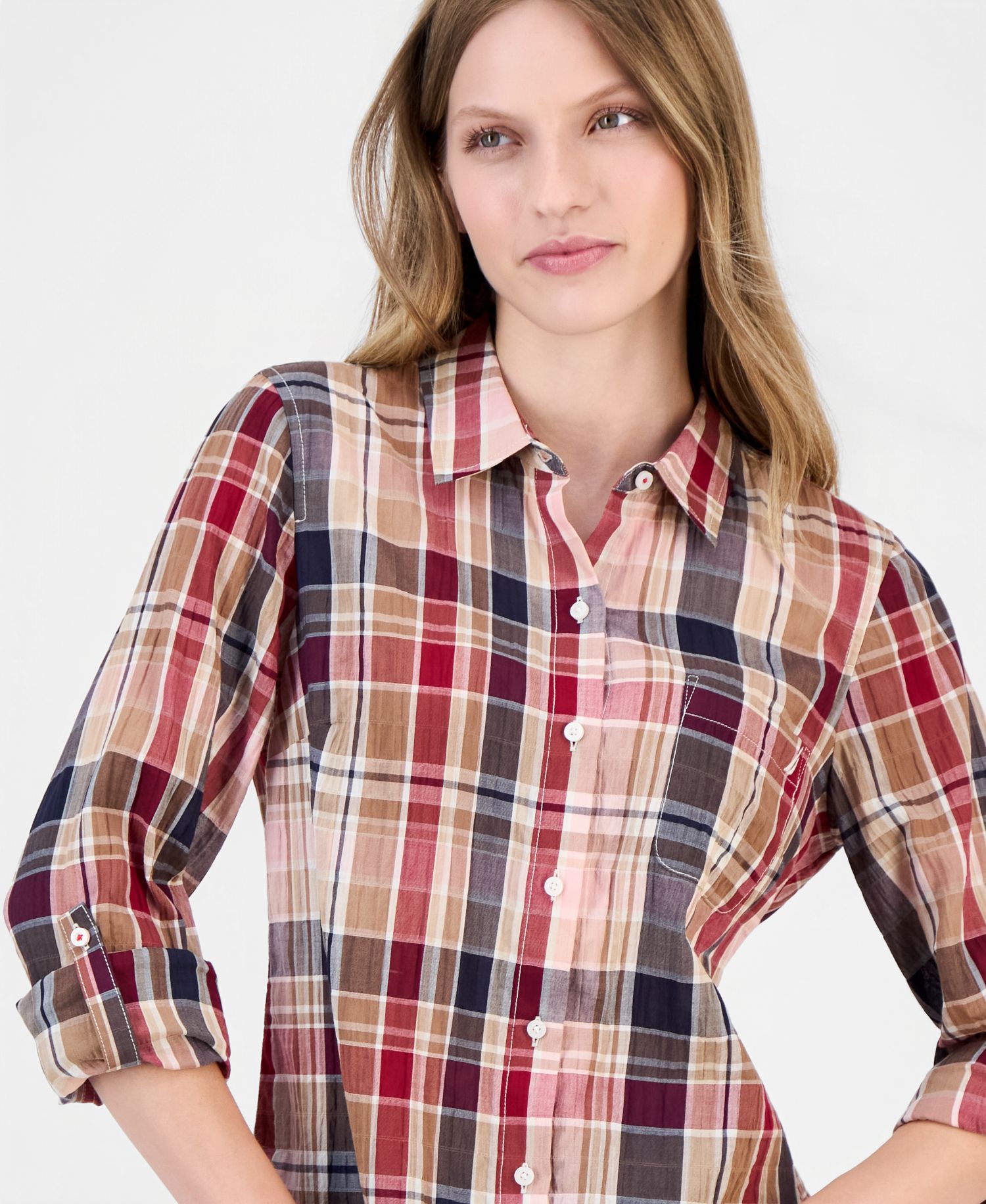 Women's Crinkle Plaid Roll-Tab Shirt