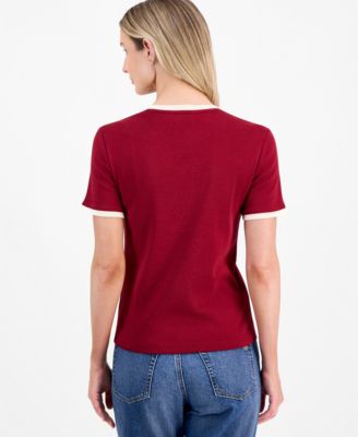 Women's Cotton Button-Shoulder Ringer T-Shirt thumbnail 2