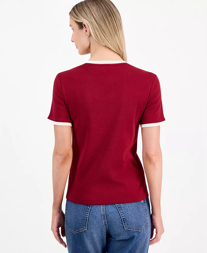 Women's Cotton Button-Shoulder Ringer T-Shirt - thumbnail 2