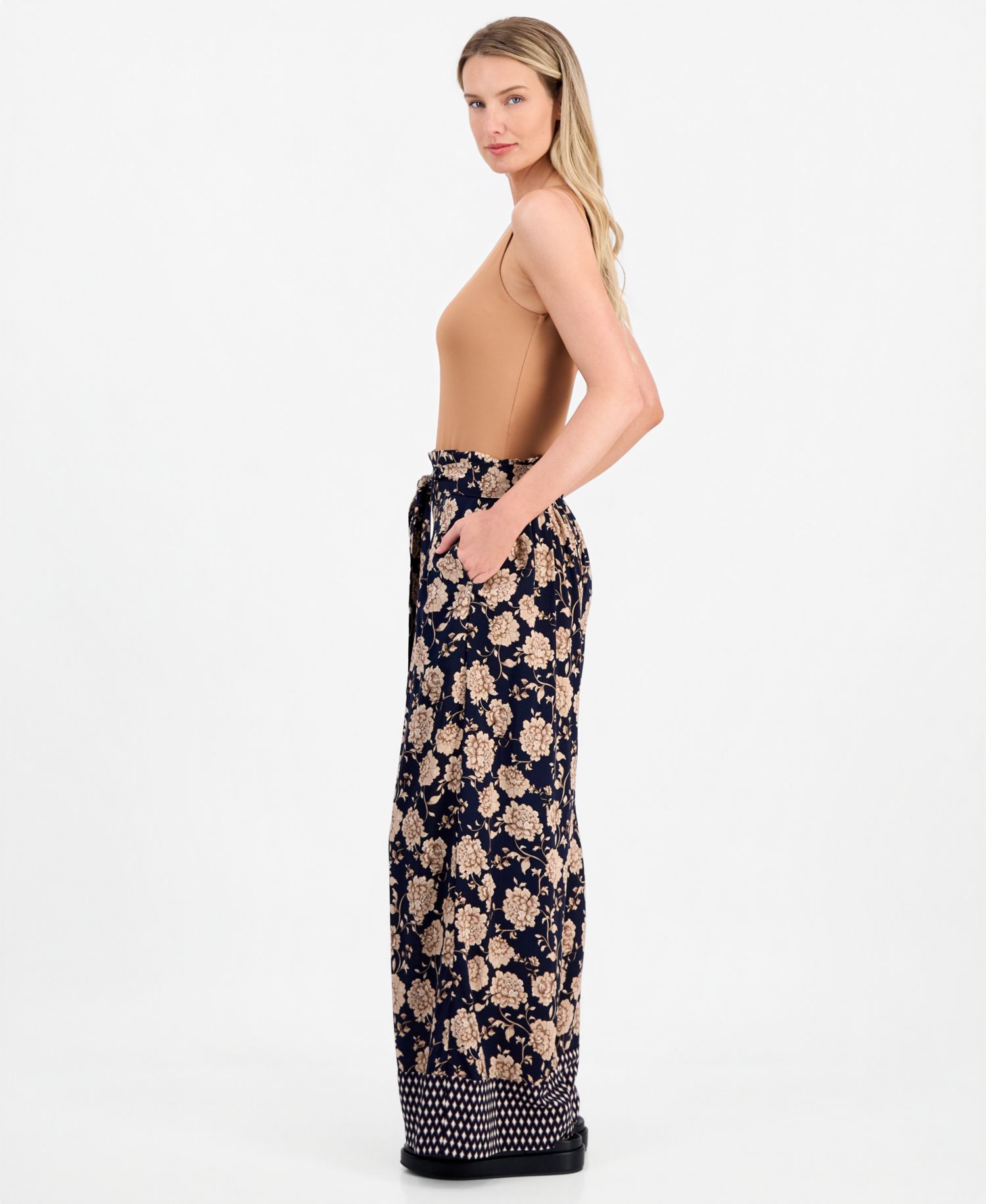 Women's Floral-Print Wide-Leg Paperbag-Waist Pants
