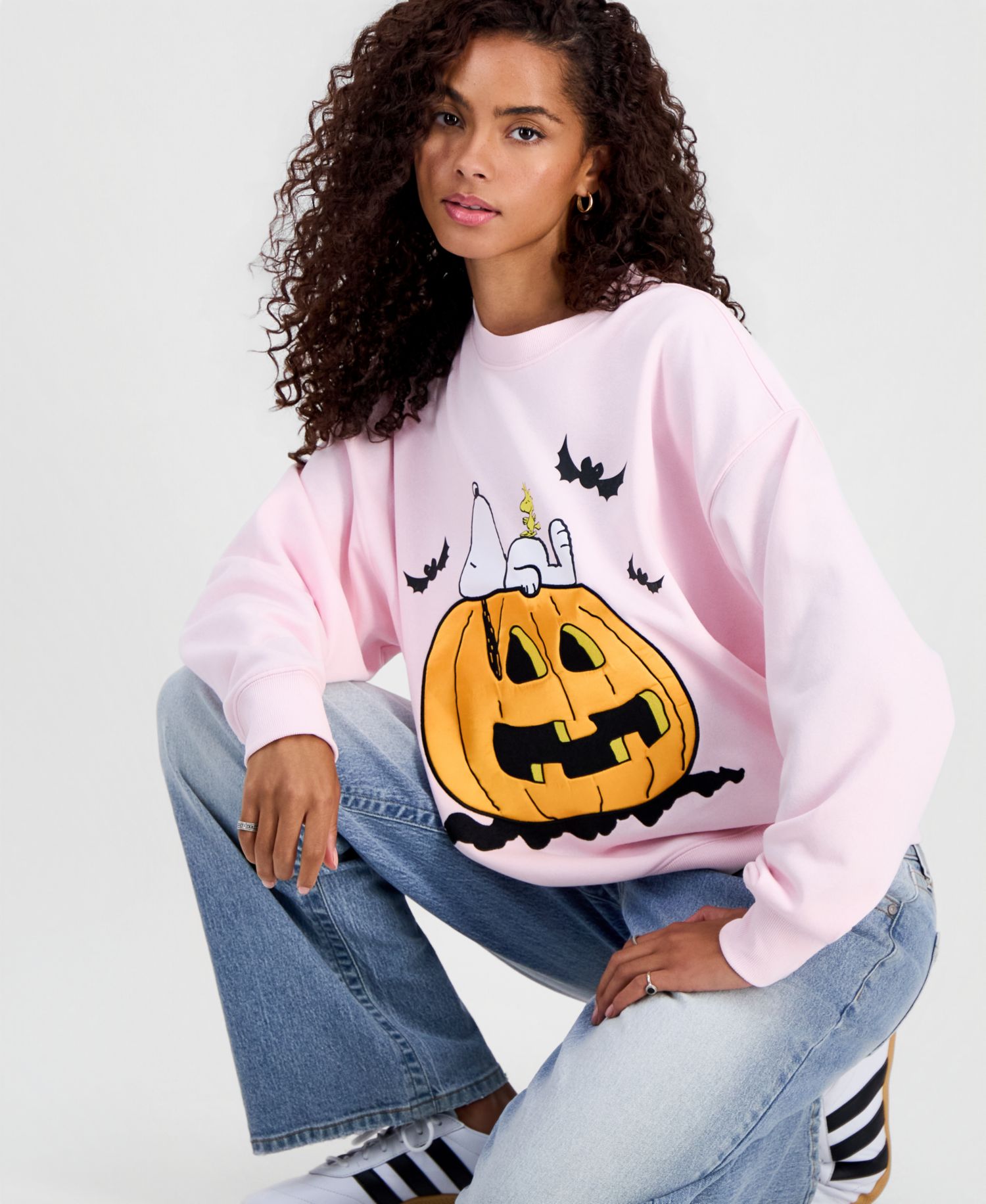 Juniors' Snoopy Pumpkin Embroidered Sweatshirt