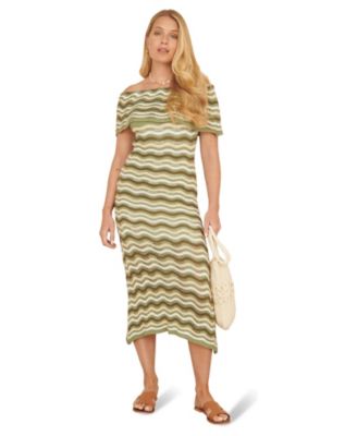 Women's Stripe Crochet Knit Bardot Midi Dress