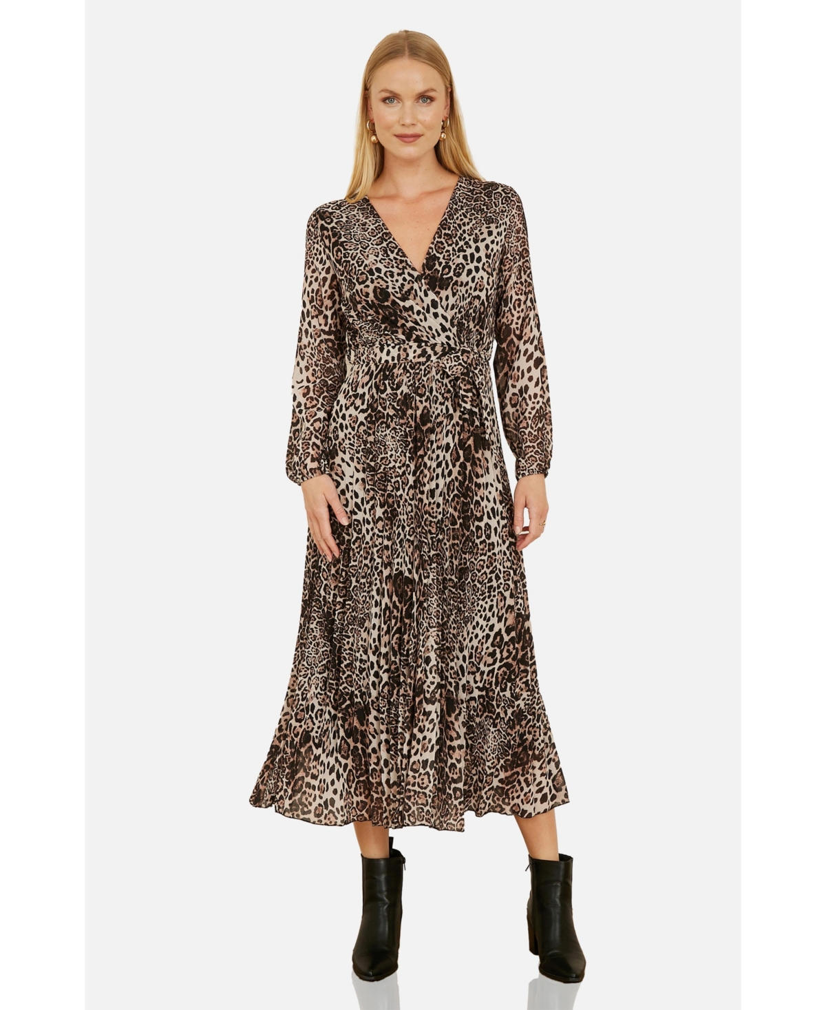 Yumi Women's Leopard Print Long Sleeve Midi Dress