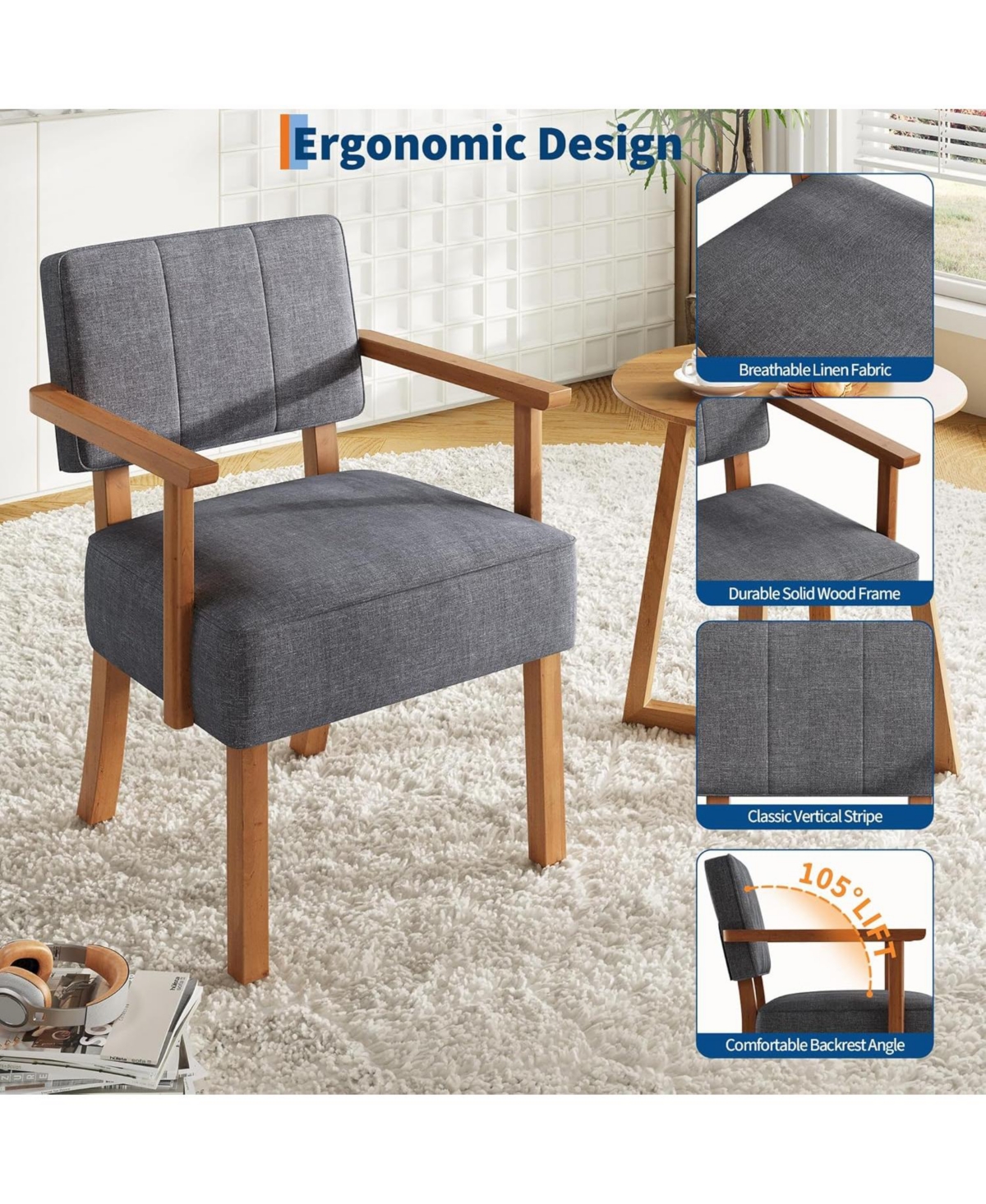 gaomon Set of 2 Mid Century Modern Accent Chairs, Linen Fabric Armchairs with Vertical Tufted Back