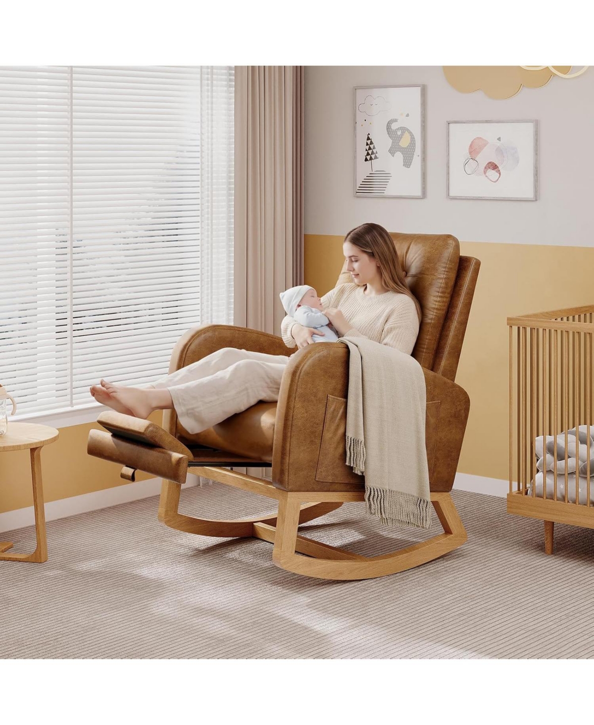gaomon Modern Nursery Rocking Chair, Pu Leather Upholstered Rocking Chair with Footrest, Comfortable Rocker Recliner with Side Pocket