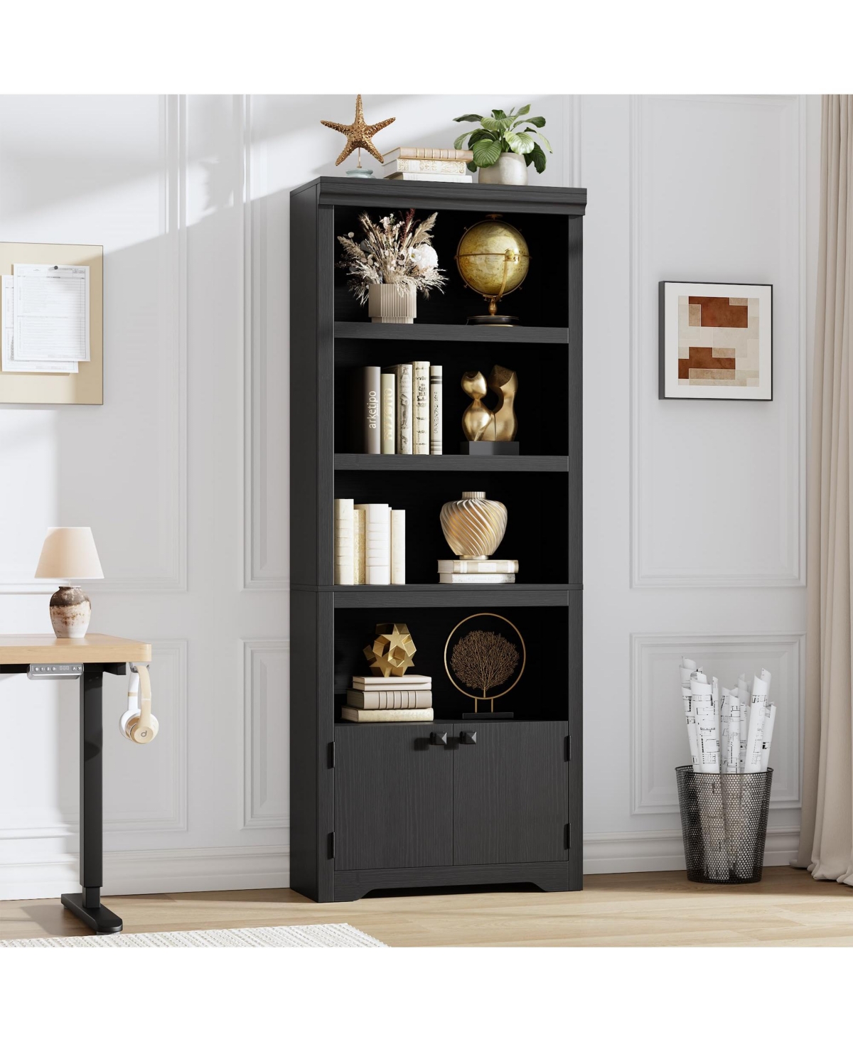 gaomon 5 Tier Farmhouse Bookshelf 69 Inch Tall with 2 Doors and Adjustable Shelves Anti-Slip Storage Rack for Home Office Living Room Library