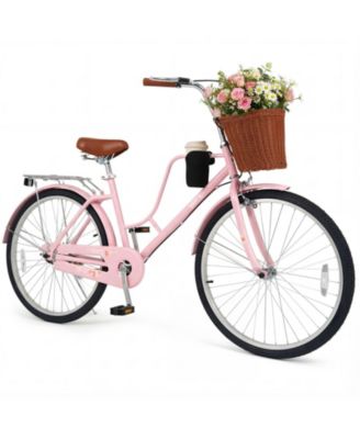 26-Inch Beach Cruiser Bike with Adjustable Seat Woven Basket and Rear Rack for City