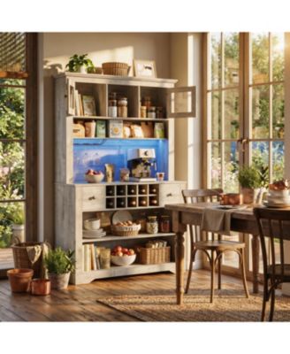 68.7 Inch Kitchen Pantry Cabinet with LED Lights and Charging Station, Large Hutch with Wine Rack and Adjustable Shelves