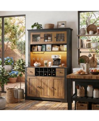 68.7 Inch Kitchen Pantry Cabinet with LED Lights and Charging Station, Large Hutch with Wine Rack and Adjustable Shelves