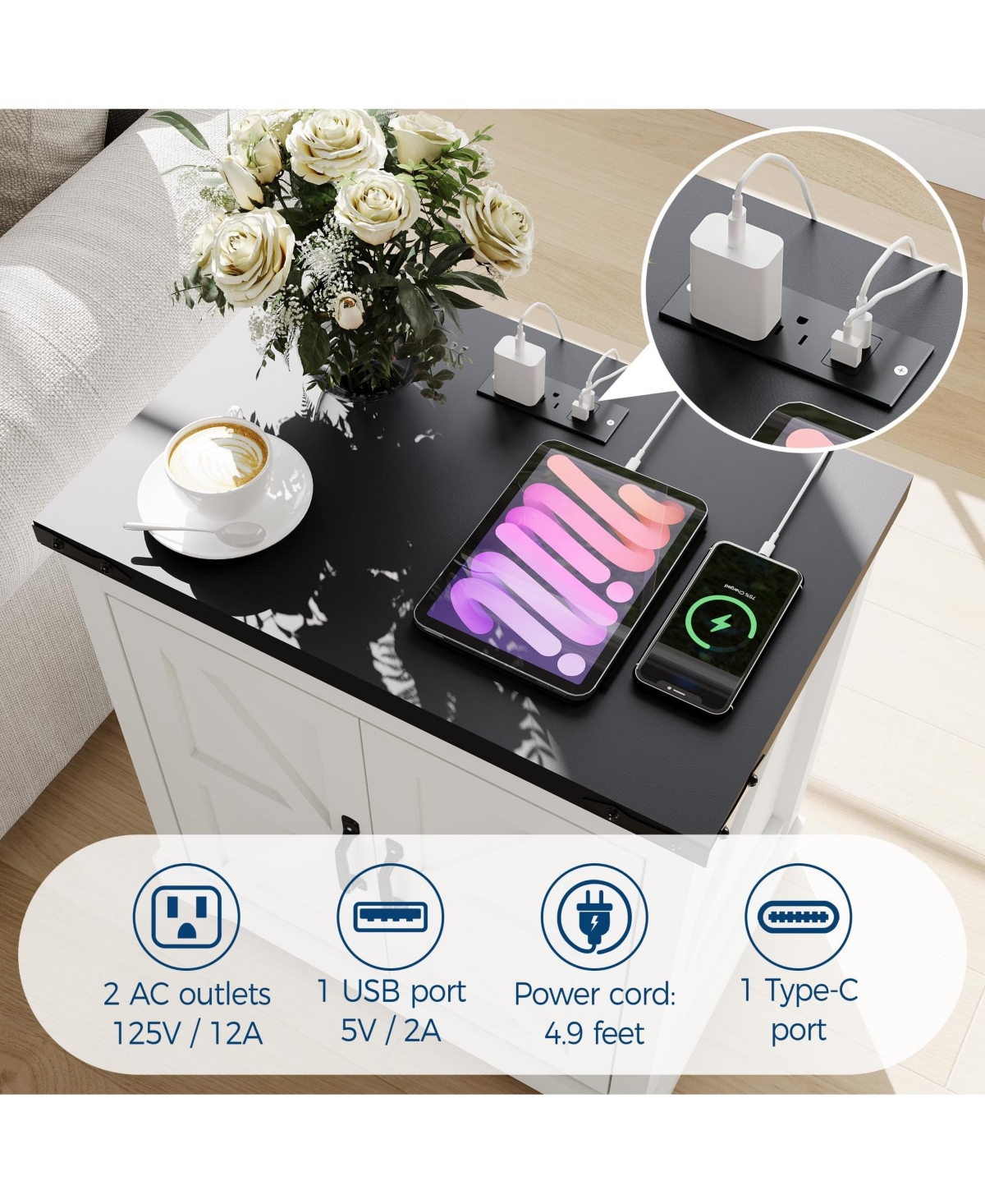 homfan Farmhouse End Table with Charging Station, Barn Door Nightstand with Adjustable Shelf for Bedroom, Living Room, or Office