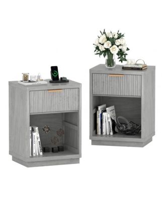 Set of 2 Fluted Nightstands with Charging Station, Bedside Tables with Drawers, 2 Outlets and 2 USB Ports, Metal Handles