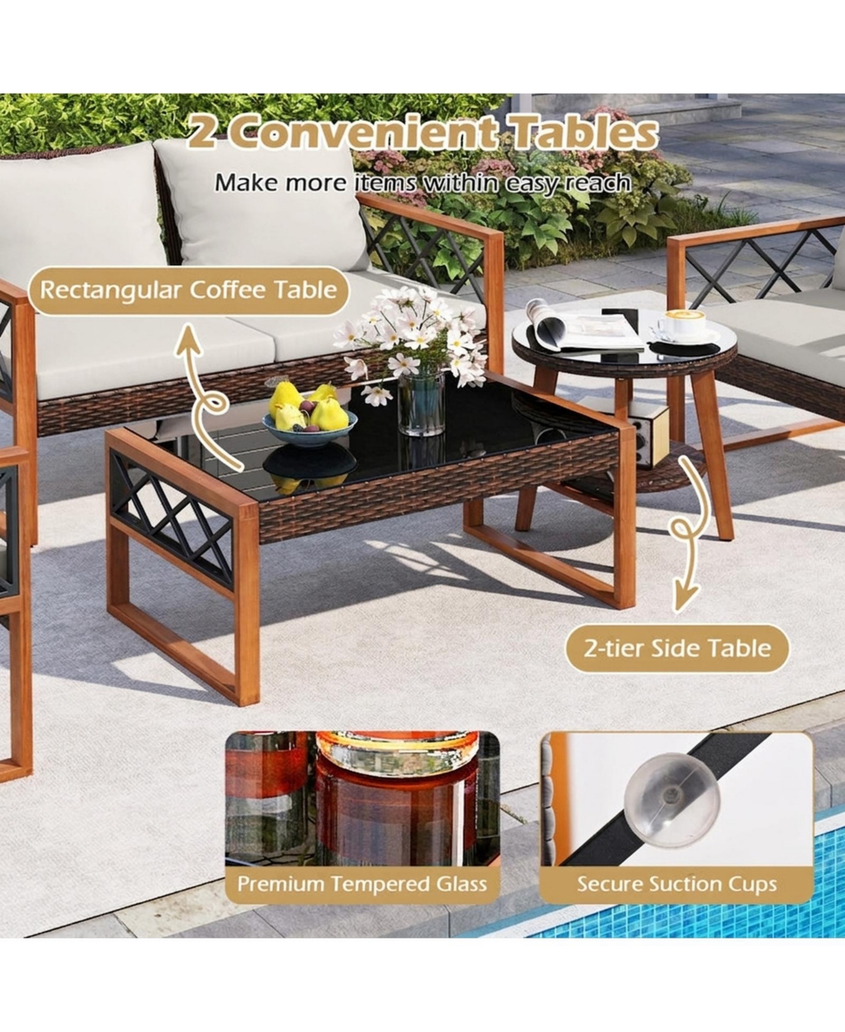 Sugift 5-Piece Pe Wicker Patio Furniture Set with Acacia Wood Frame