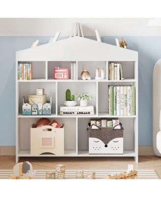 Kids Bookshelf and Toy Organizer - 4-Tier 15-Cube Wooden Multifunctional Bookcase with 9-Cubby Toy Shelf, for Playroom, Nursery, Study Room
