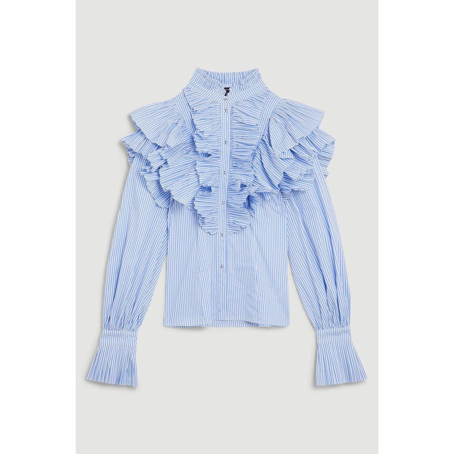 Women's Pleated Striped Ruffle Woven Shirt
