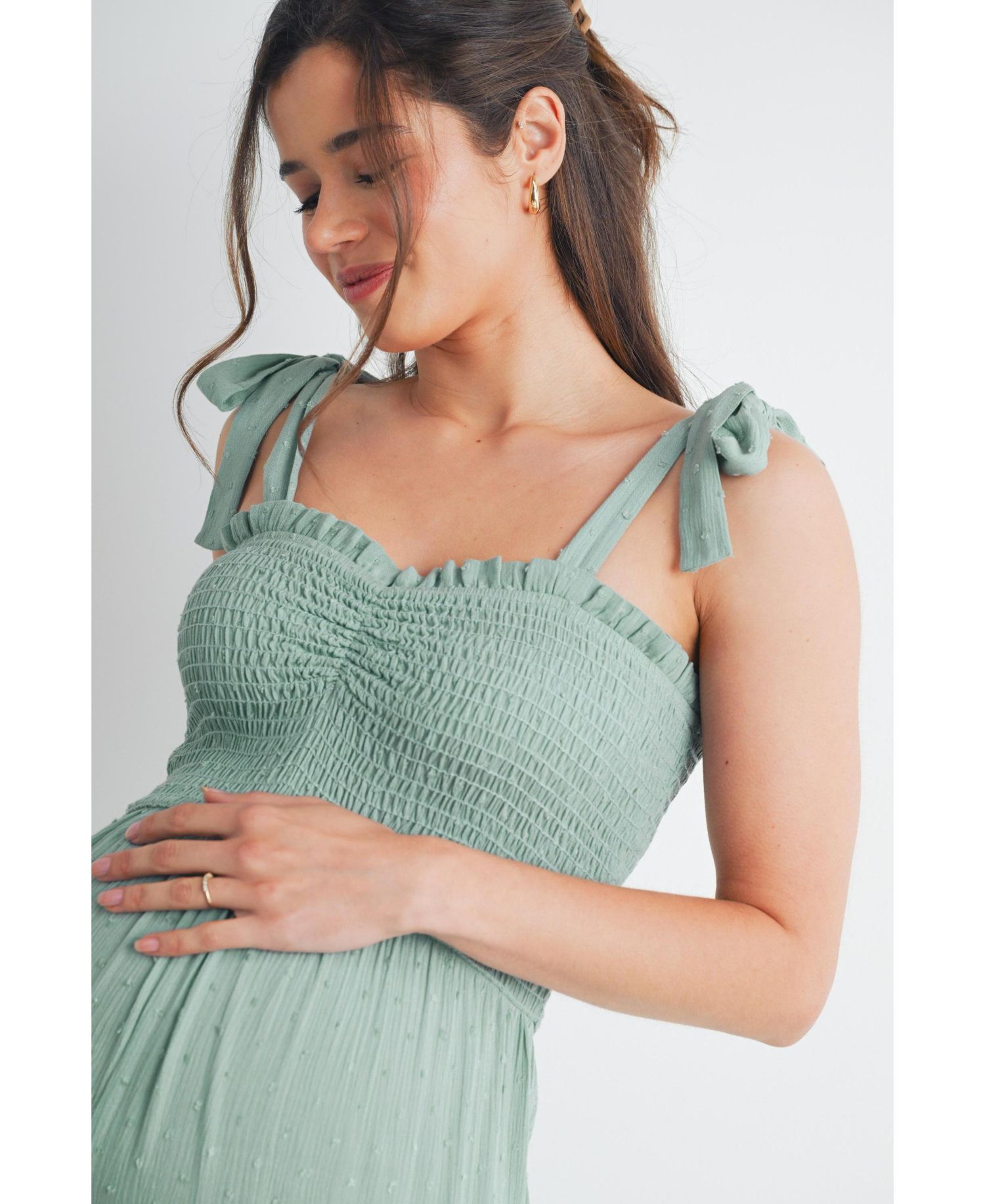 Maternity Sleeveless Smocked Wide Leg Jumpsuit with Tie Straps