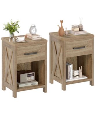 2PCS Nightstand Sofa Side Table Rustic End Table w/Drawer Shelf for Living Room