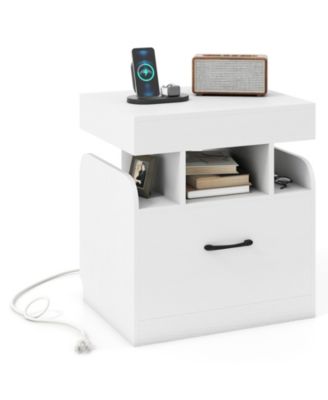 Nightstand with Charging Station Drawer and Sliding Top Storage Tray Open Shelves