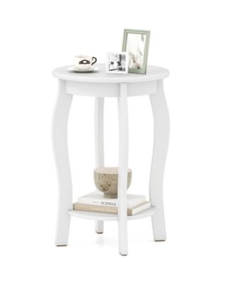 2-Tier Round End Table Narrow Sofa Side Nightstand with Storage Shelf and Wood Legs