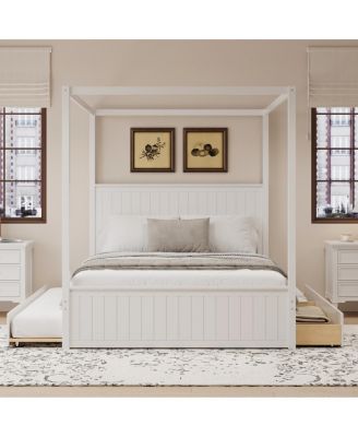  Queen Canopy Platform Bed with Trundle and 3 Storage Drawers