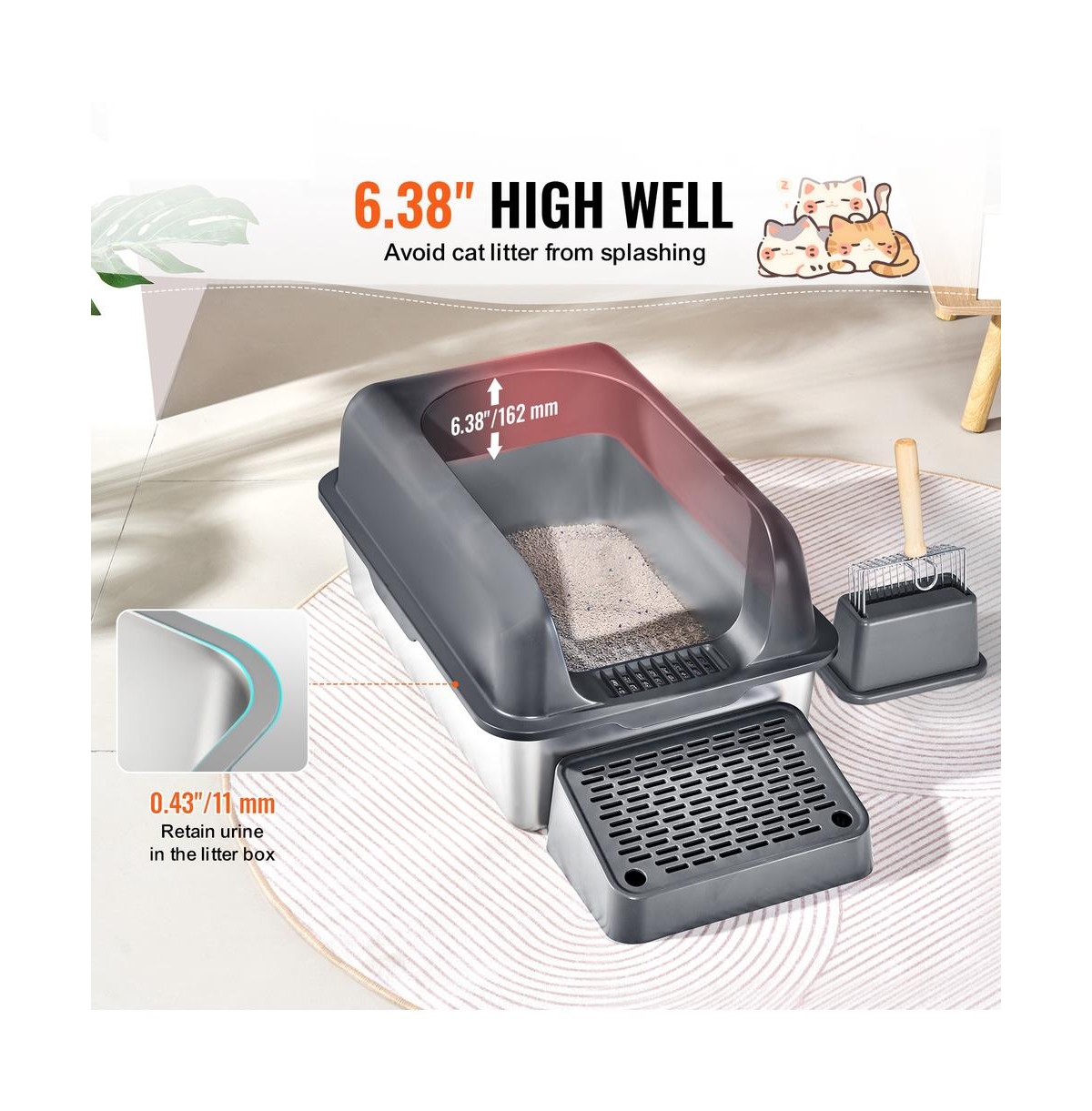 Ruie Xl Stainless Steel Cat Litter Box 6 in Deep with Filter Foot Board and Scoop