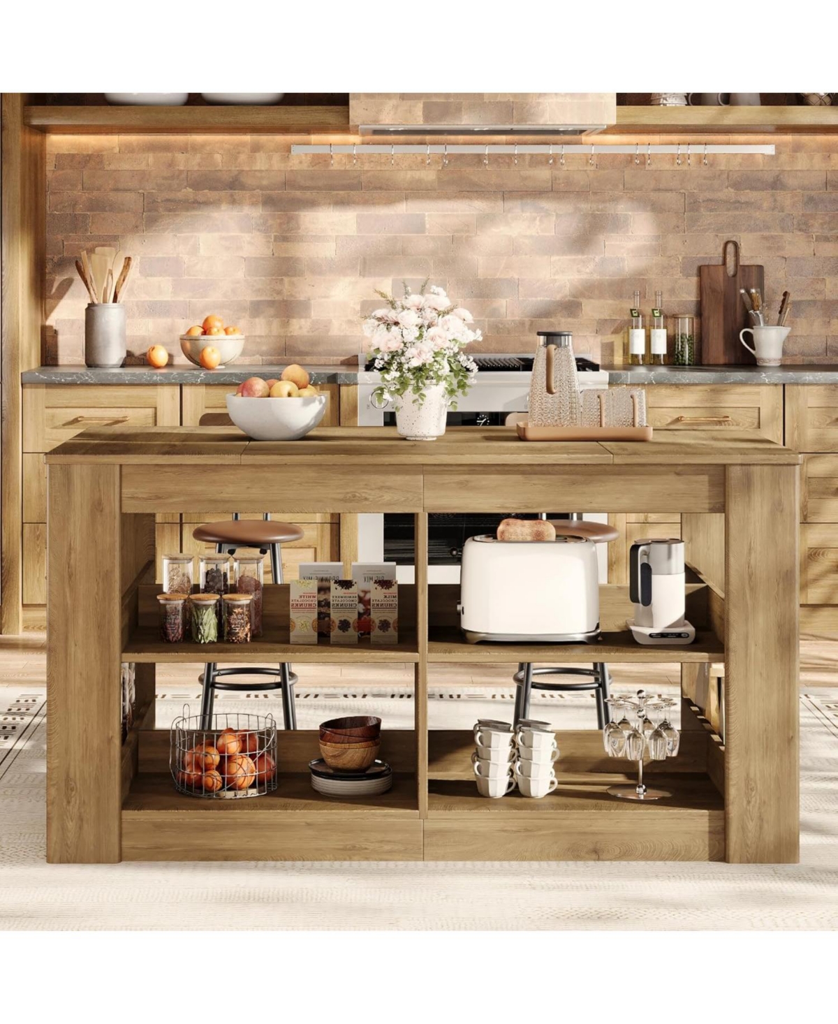 Tribesigns 63" Kitchen Island with Storage, 3-Tier Farmhouse Wooden Stationary Island Table with Large Worktop and Leg Room, Coffee Bar Table