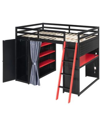 Wood Loft Bed with Wardrobe, Shelves, Curtains and RGB Lights