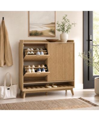 Freestanding Narrow Shoe Cabinet with Sliding Door, 2 Drawers and Adjustable Shelves, Modern Hidden Storage Organizer for Entryway and Hallway