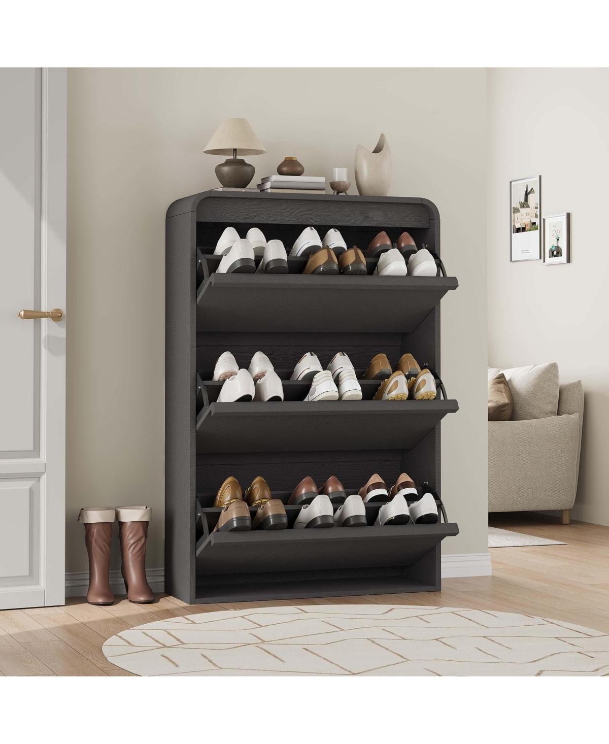 homfan Wooden Hidden Shoe Cabinet with 3 Flip Drawers and Adjustable Shelf, Entryway Storage Organizer for Hallway Living Room