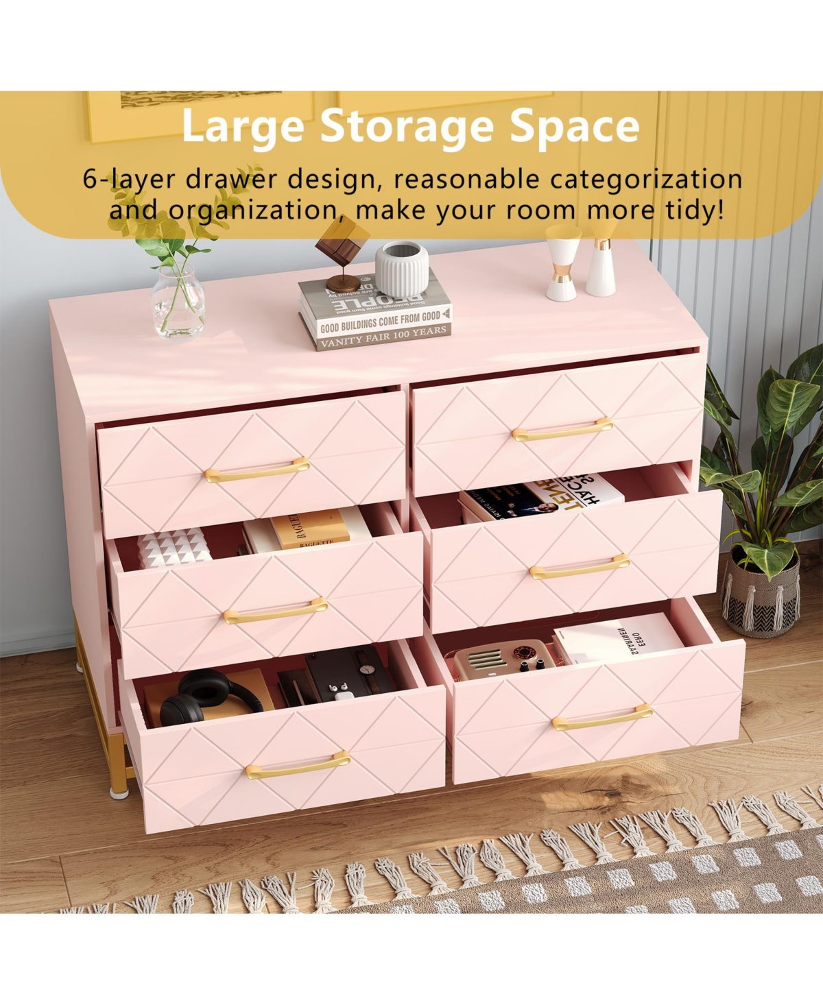 homfan 6-Drawer Dresser with Fabric Bins, Rattan Accent Storage Tower Tv Stand for 40" Tv, Bedroom, Closet, Hallway Organizer