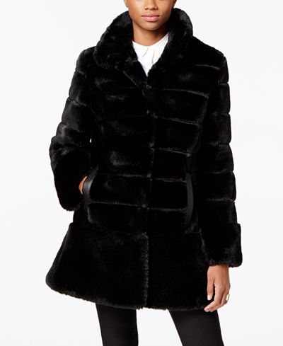 Jones New York Faux-Leather-Trim Faux-Fur Coat