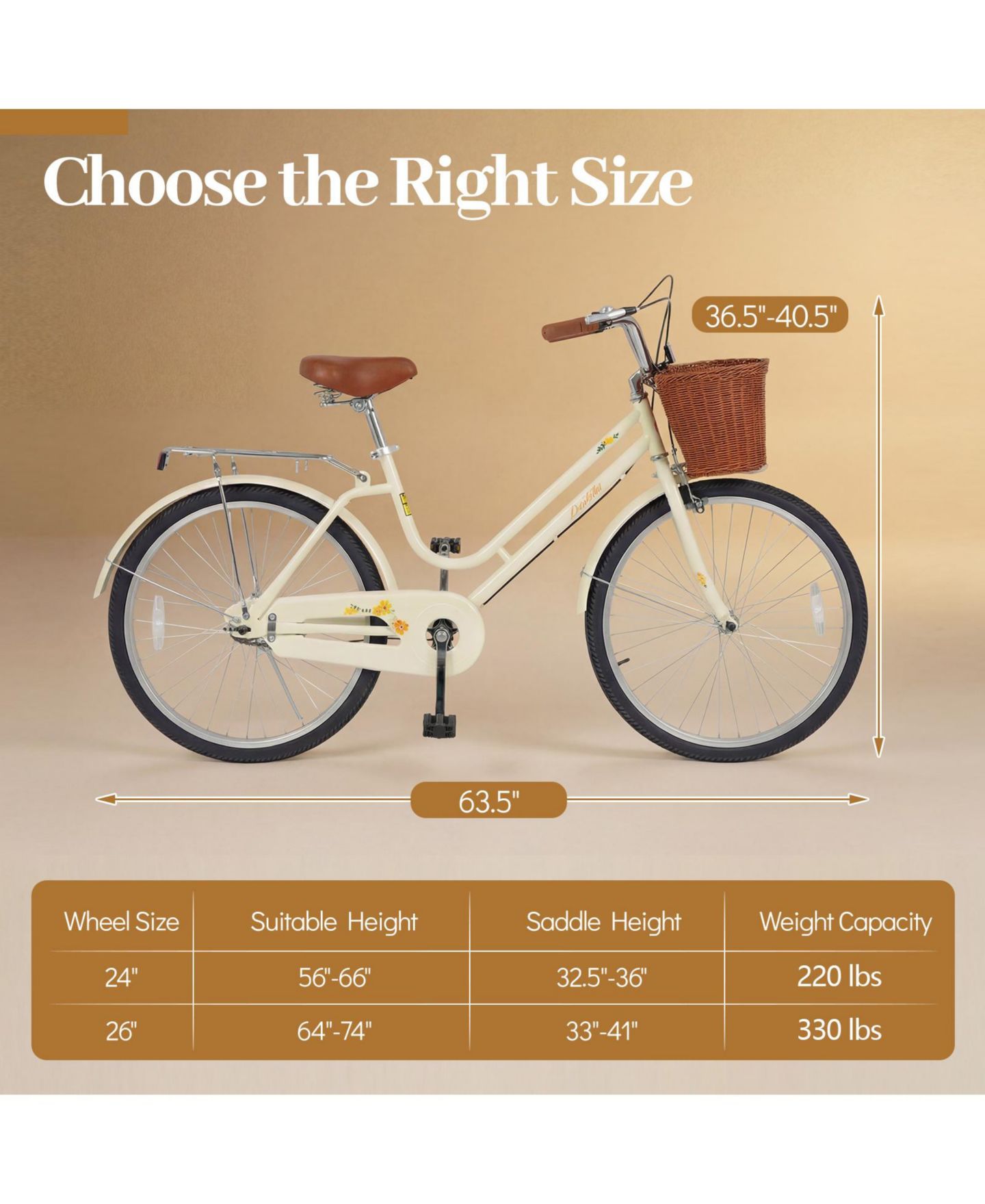 Детская игрушка Gymax 24-Inch Beach Cruiser Bike with Adjustable Seat Woven Basket and Rear Rack, цвет: Светлый бежевый — фото 3