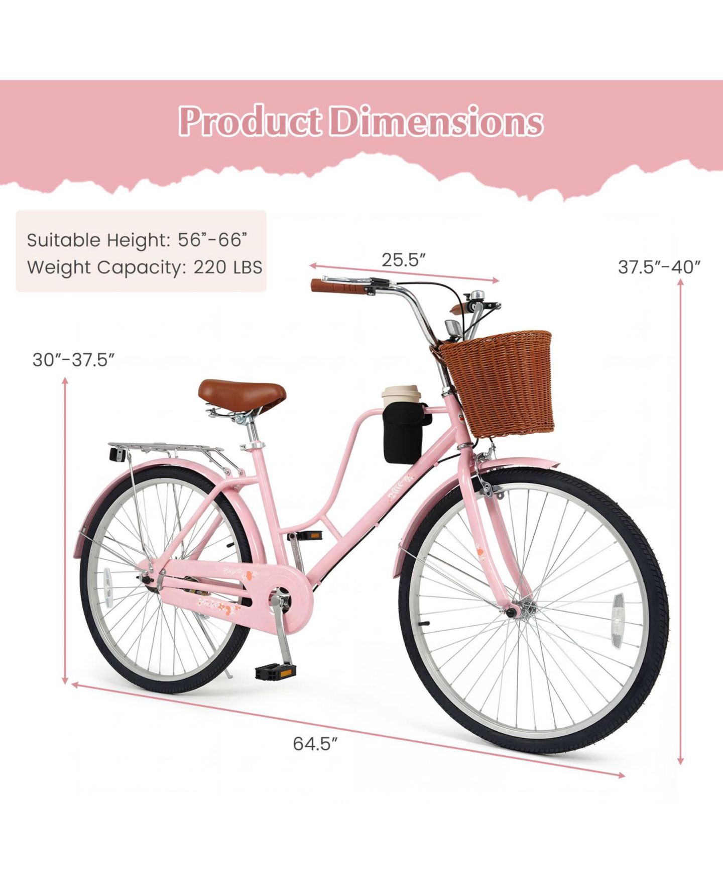 Детская игрушка Gymax Beach Cruiser 24" Commuter Bike with Adjustable Seat, Woven Basket & Rear Rack, 220 lbs. Capacity, Ages 8+, цвет: Розовый — фото 3