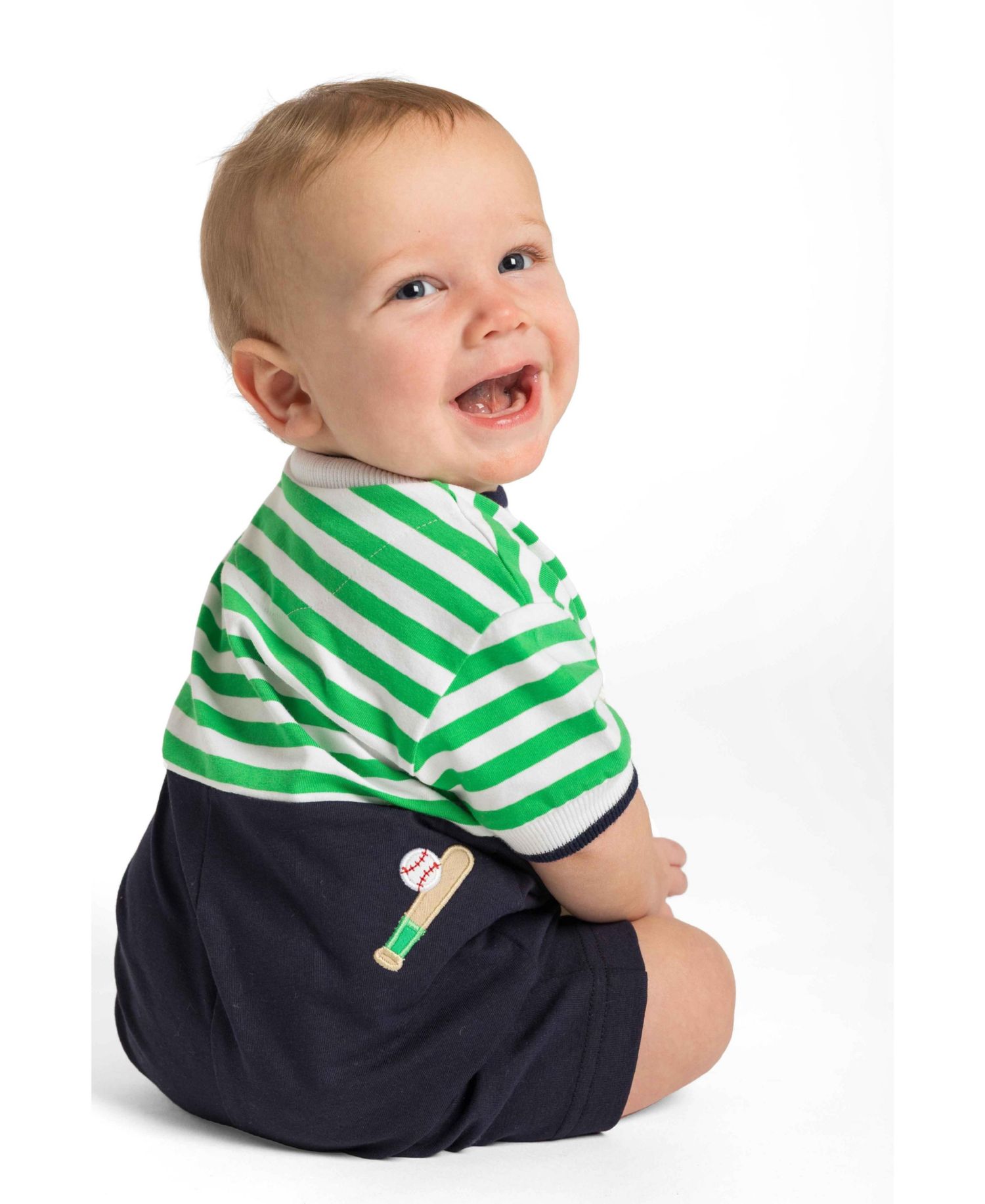 Baby Boy Stripe Knit Shortall With Baseball Field