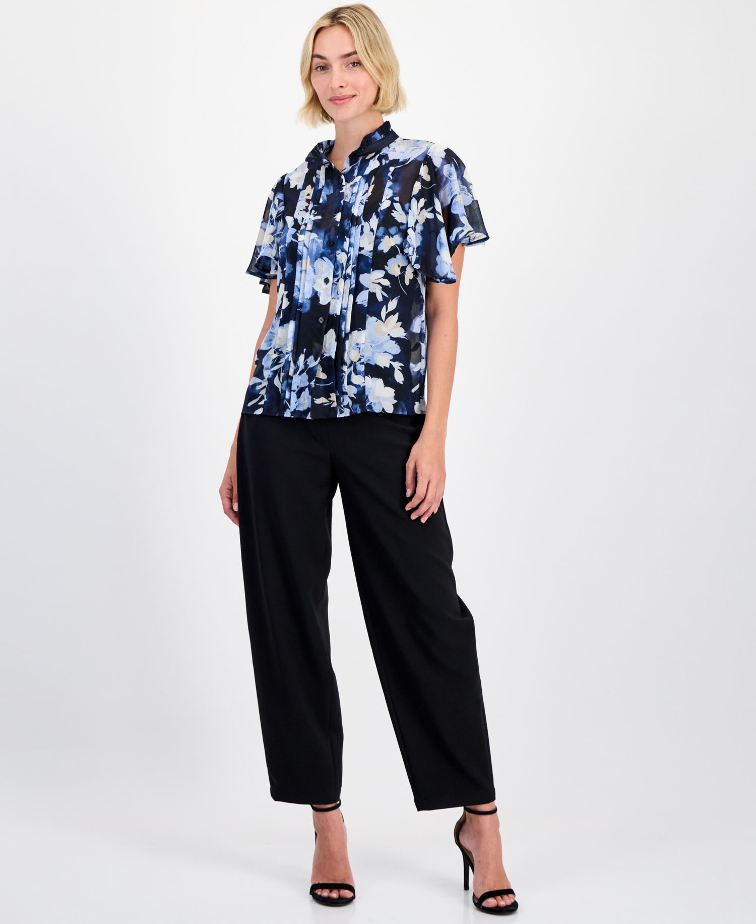 Women's Pleated-Front Flutter-Sleeve Blouse