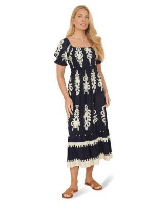 Women's Block Print Viscose Ruched Midi Dress