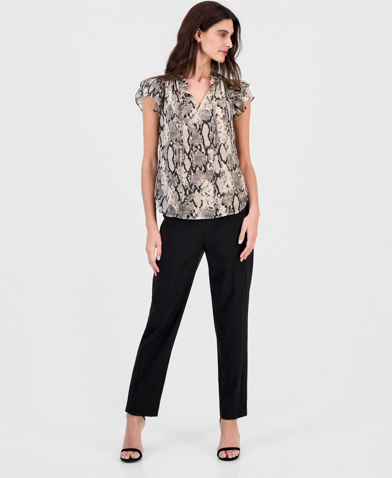 Women's Printed Ruffle-Sleeve Tie-Neck Top