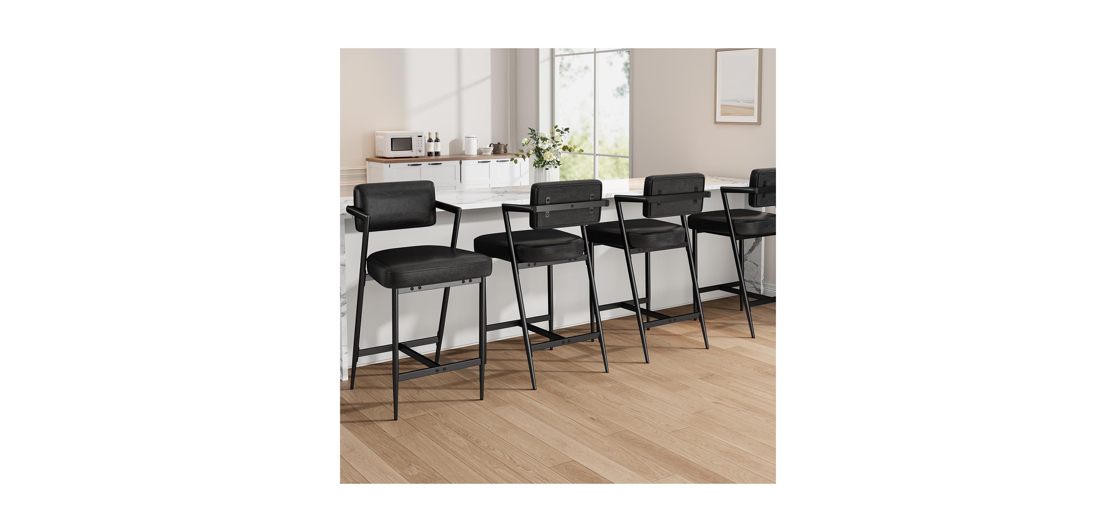 homfan Upholstered Bar Stools with Armrests and Backrest, Thick Cushioned Seats Metal Legs Footrest, for Kitchen Island
