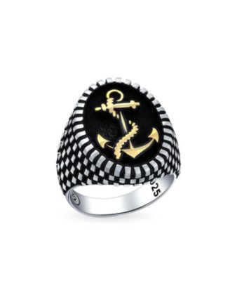 Men's Large Rope Anchor Signet Ring Checker Board Band .925 Sterling Silver