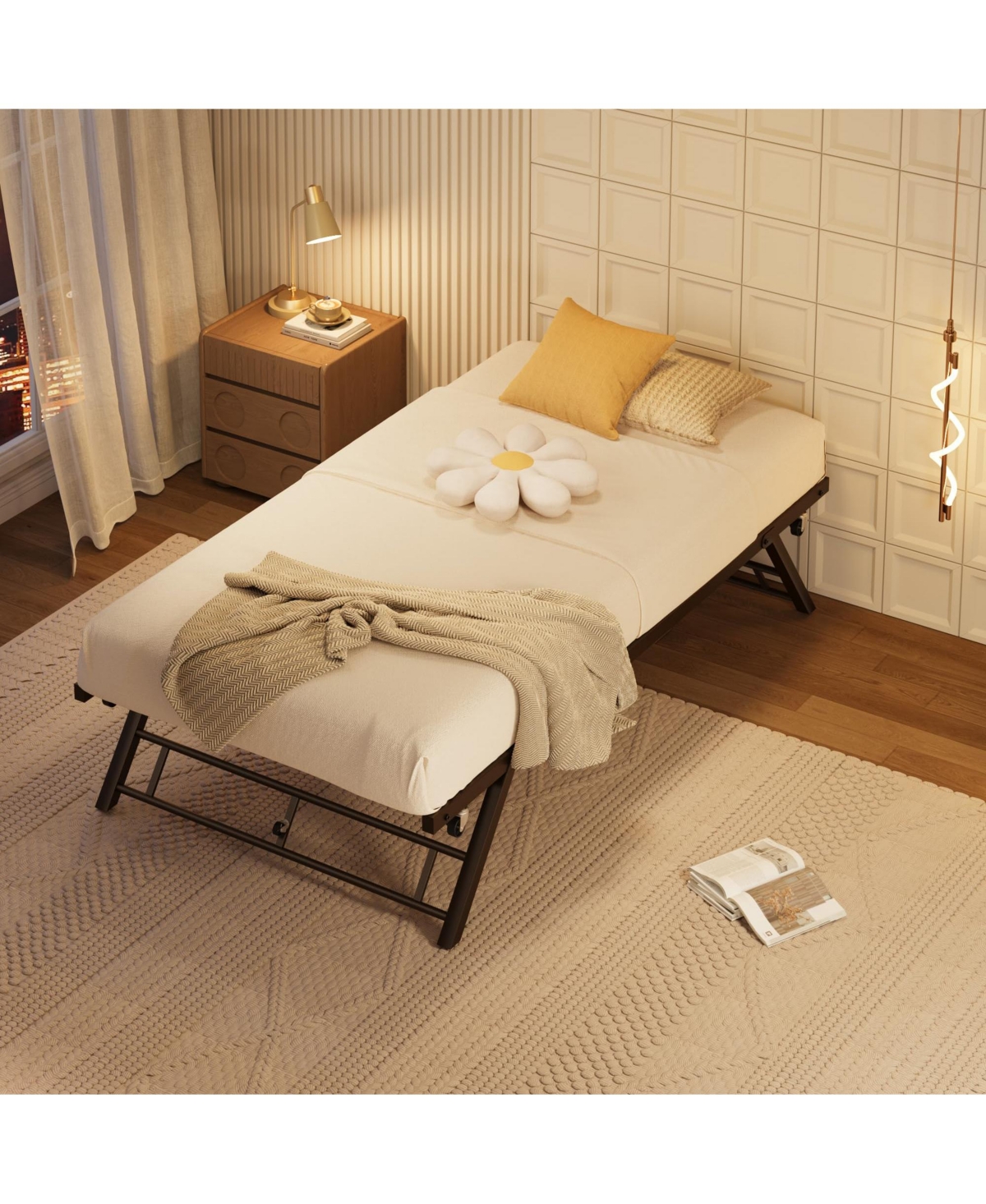 homfan Pop-Up Trundle Daybed Frame with Lockable Casters, Metal Slat Support, Space-Saving Design, No Box Spring Needed