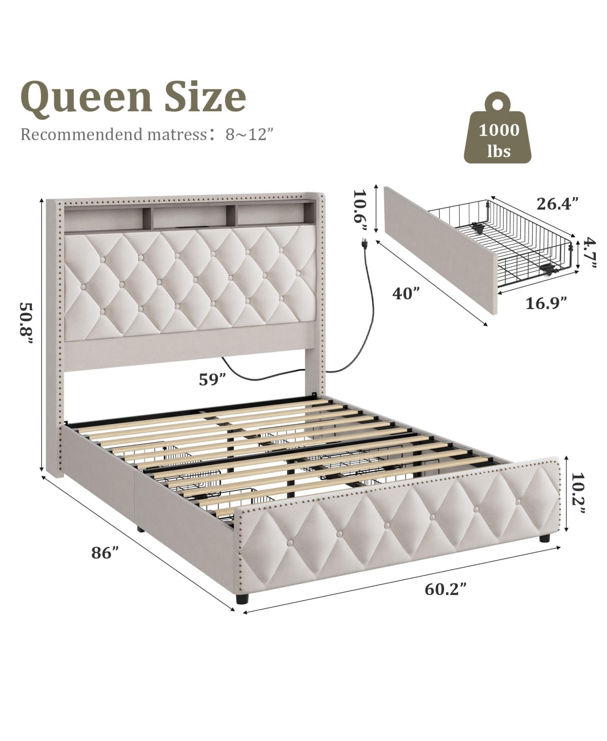 homfan Upholstered Bed Frame with Tall Headboard, 50.8inch Velvet 4 Storage Drawers and Usb Charging Station, No Box Spring Needed