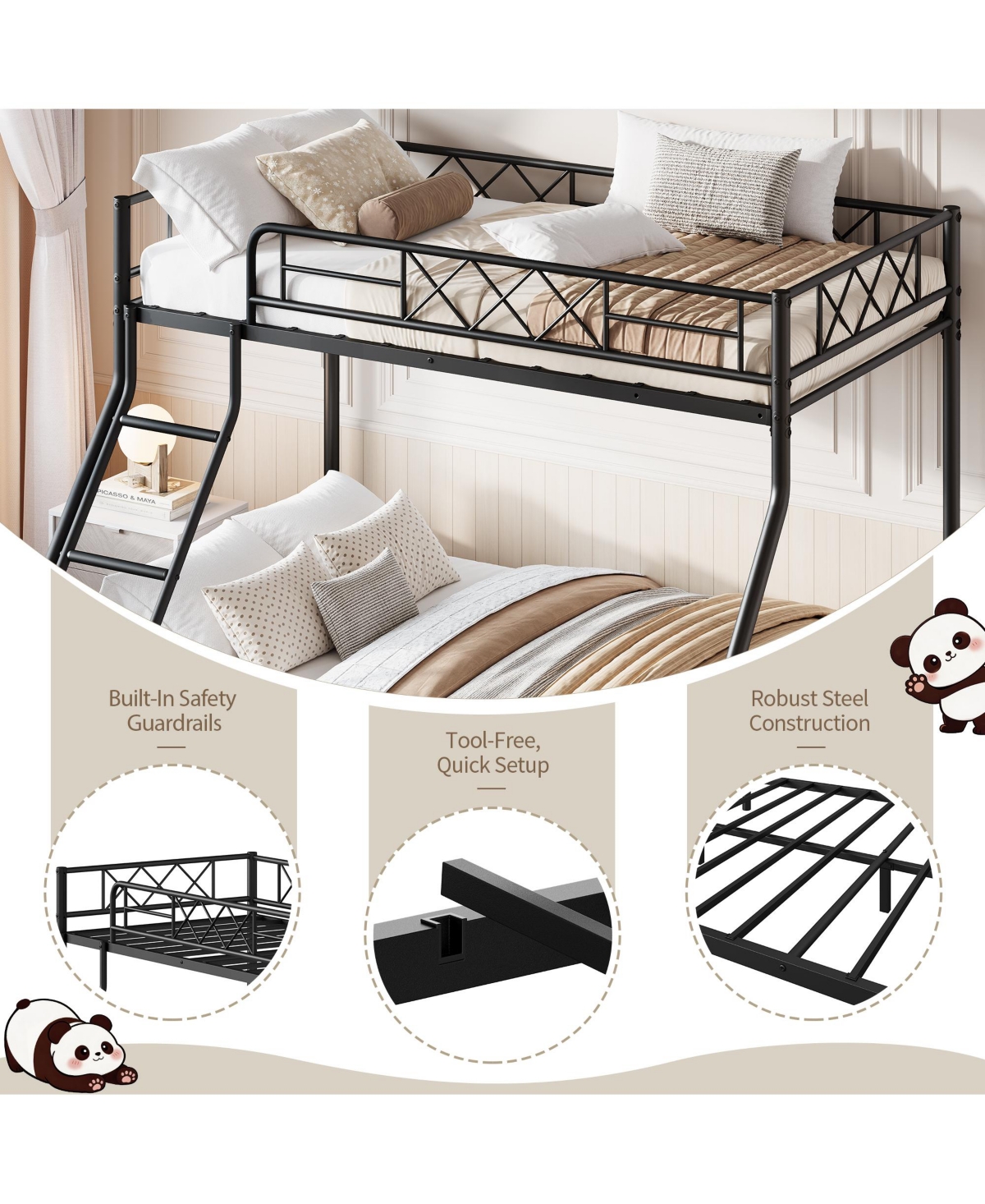homfan Heavy Duty Metal Bunk Bed Twin Over Full Size, Guardrail and Ladder, Low Profile Space-Saving Design, No Box Spring Required