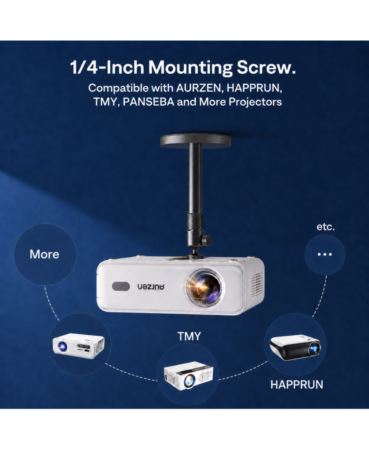 Aurzen Mini Ceiling Projector Mount, 1/4-Inch Screw, Adjustable 9"-15" Length, 360degree(s)Rotation and 90degree(s)Tilt, for Most Projectors