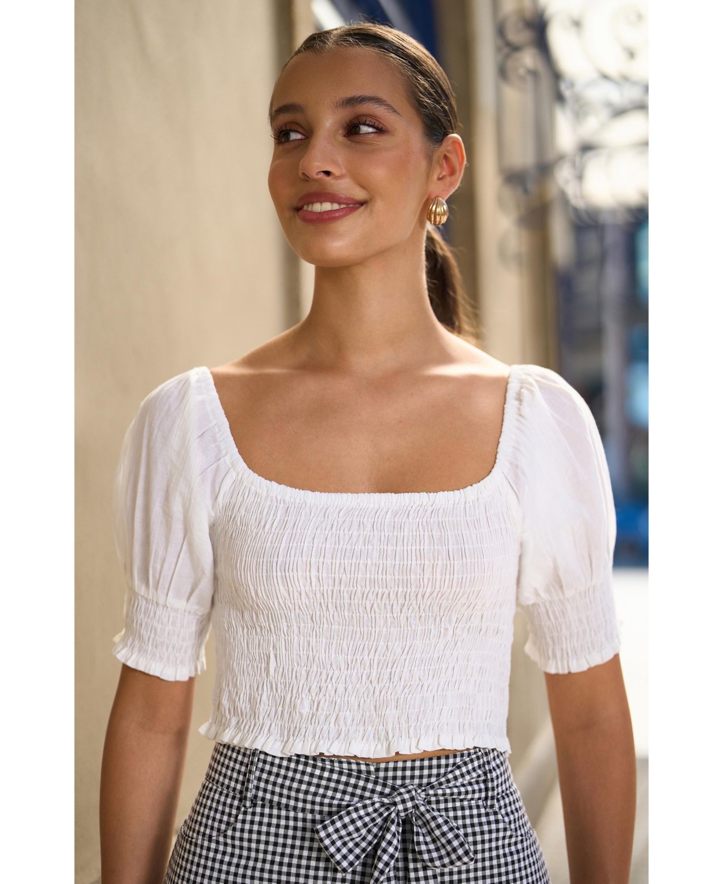 Женский топ Yumi Cotton Shirring Puff Sleeve, цвет: Белый — фото 5