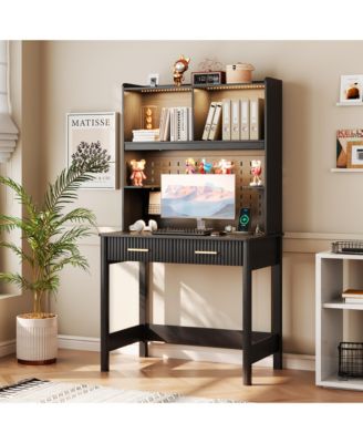 Computer Desk with Hutch, Adjustable 3-Color LED Light, Pegboard Design, Storage Drawers and Shelves for Home Office