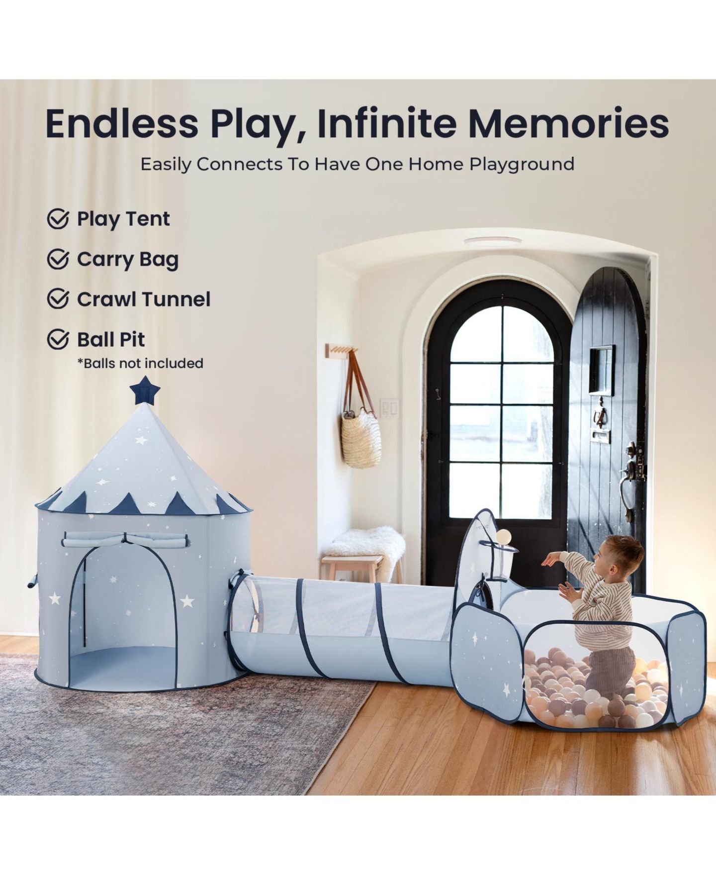 Детские игрушки Tiny Land 3-in-1 Pop-Up Play Tent, Crawl Tunnel and Ball Pit, 3-Piece Set, Ages 2+, цвет: Синий — фото 3
